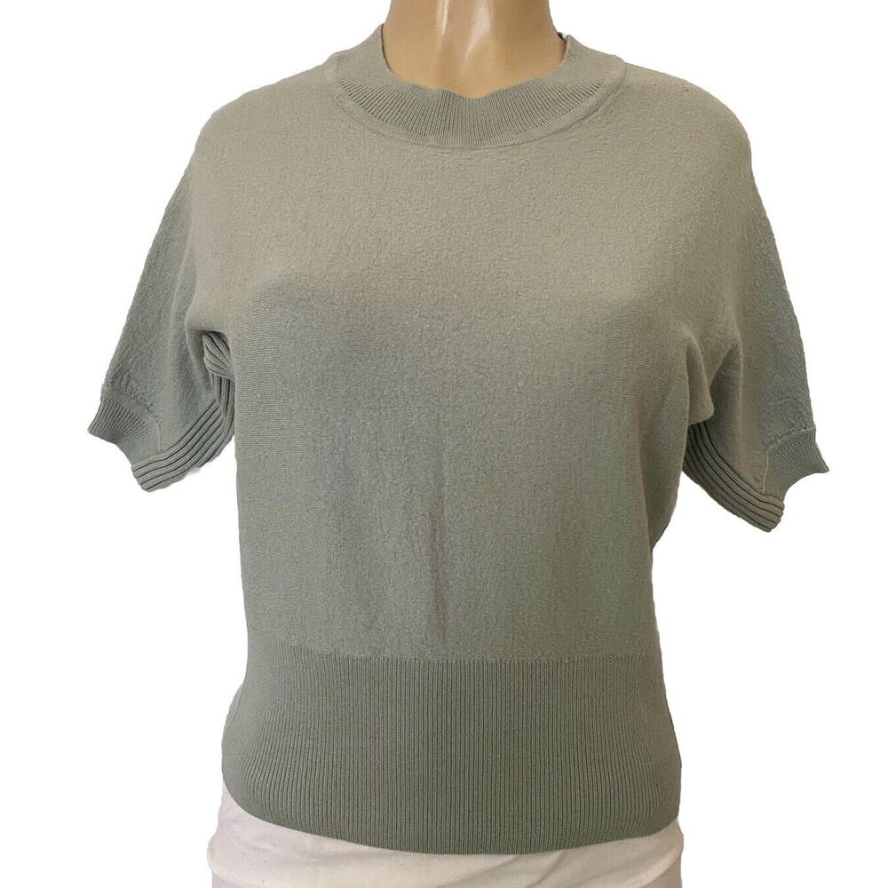 Tory Burch Merino Wool Sweater Knit Top Crew Neck Short Sleeve Sage Gree…